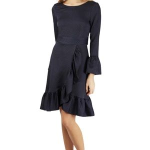 Closet London Navy Blue/Black Long Sleeve Frill Faux Wrap Dress 8